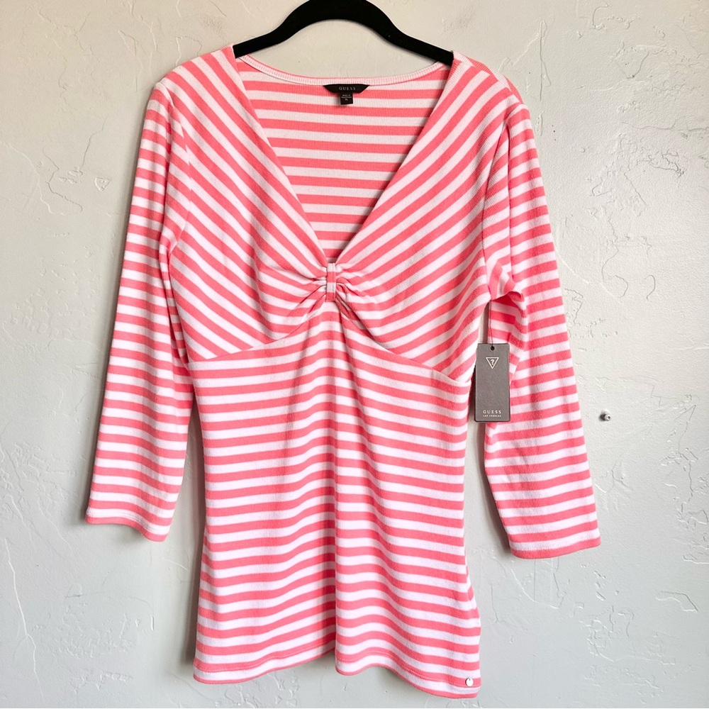 Guess Women Hot Coral Pink White Striped Ribbed 3/4 Sleeve Ruched V Front Top XL